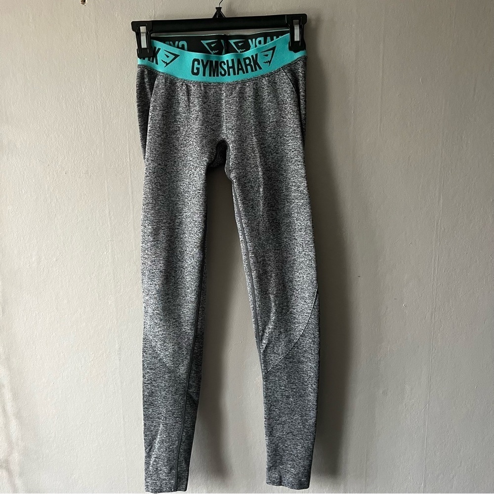 Gymshark Women's Gray Marl Compression Flex Leggings Teal Logo Waistband Size S